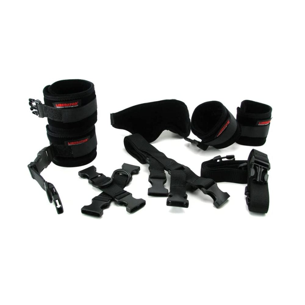 Bed Buckler Tether and Cuff Restraint Kit by Liberator, black microfiber bondage set with wrist and ankle cuffs