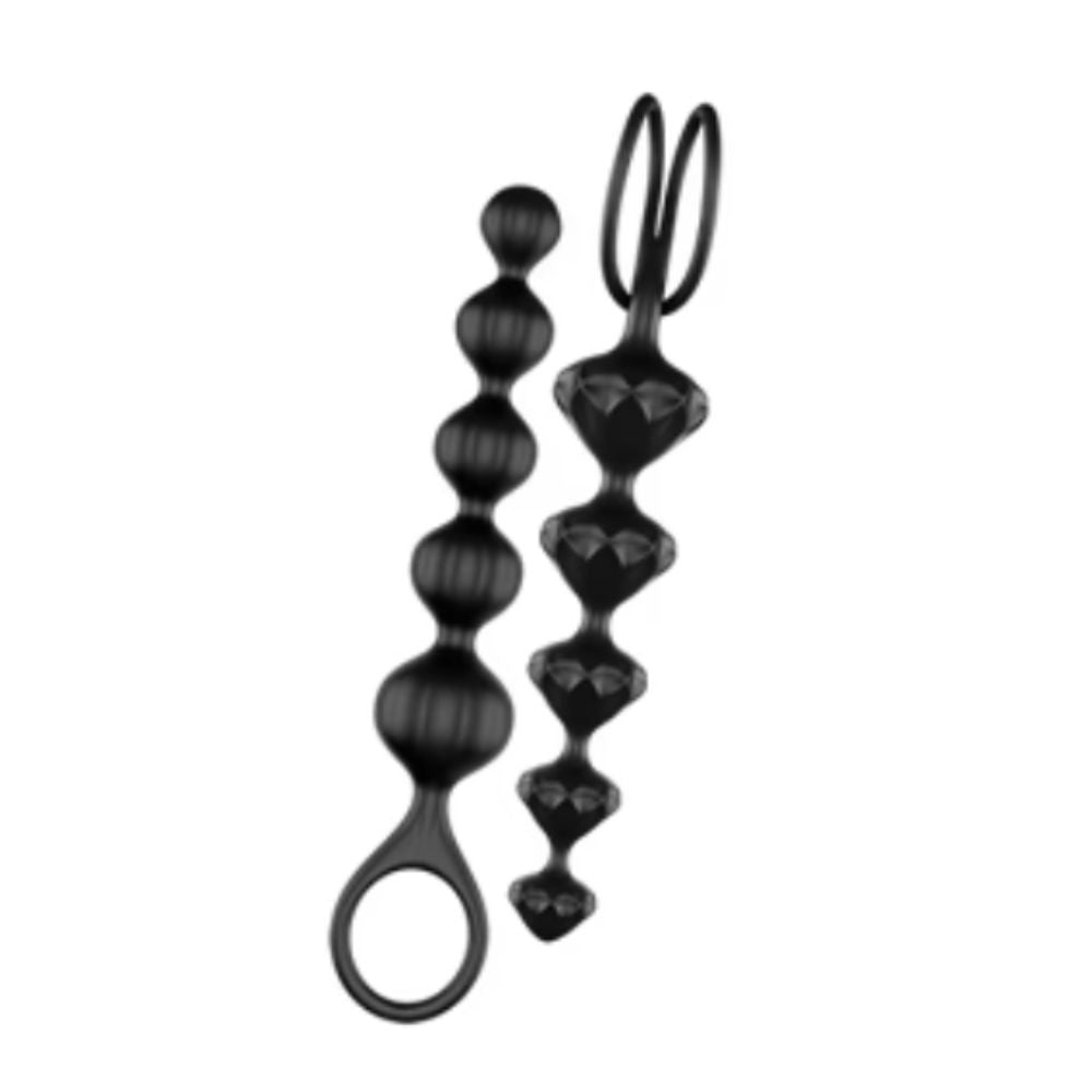 Black anal bead set of 2 by Satisfyer, body-safe silicone with loop handle, textured and smooth styles
