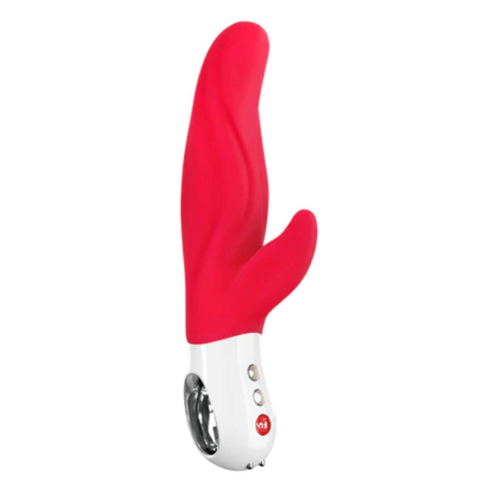 Red Lady Bi dual-motor anal vibrator by Fun Factory, rabbit-style with ergonomic loop handle and deep rumble