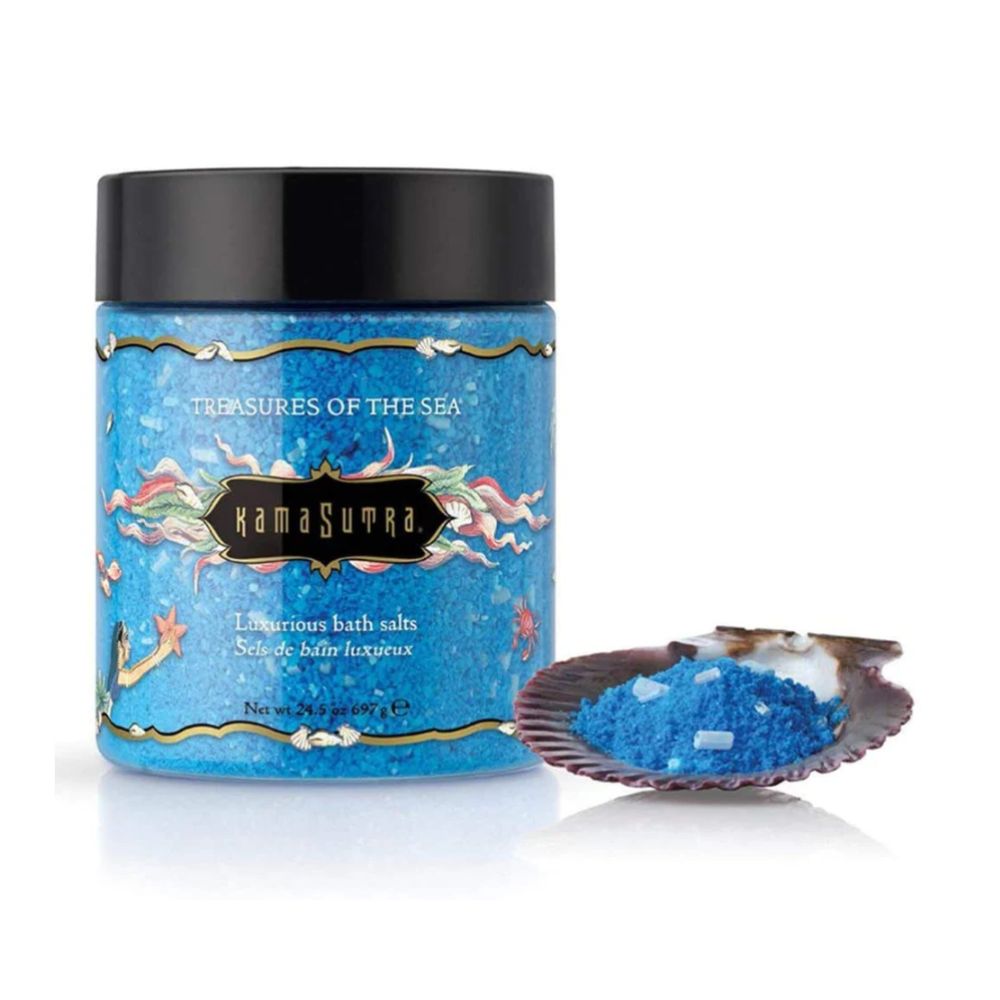 Kama Sutra Treasures of the Sea bath salts, luxury blue crystal soak in black jar