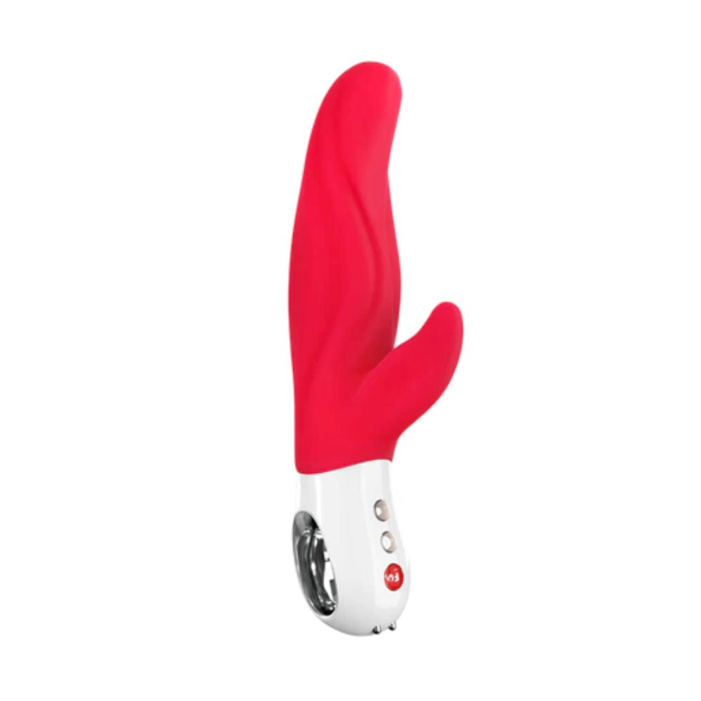 Lady Bi dual vibrator in India Red by Fun Factory, curved shaft with clitoral arm, body-safe silicone, ergonomic handle