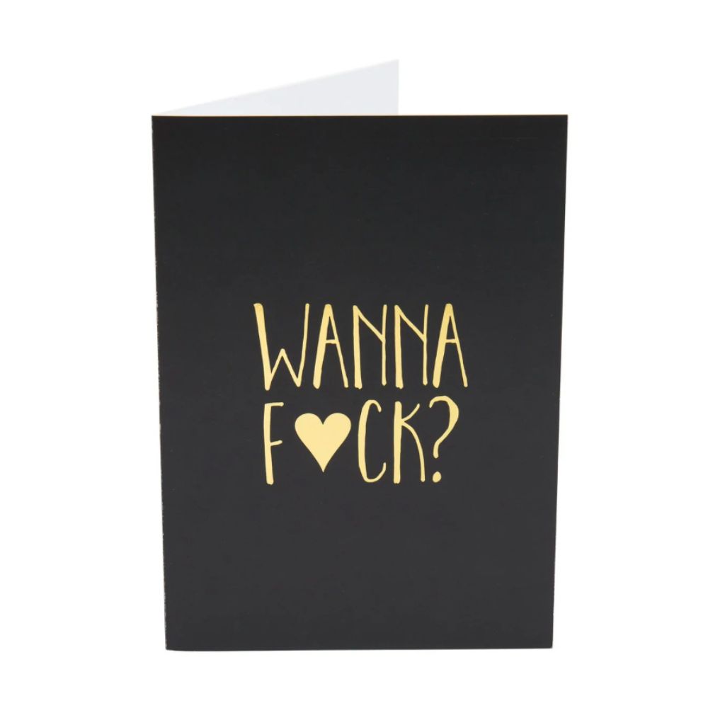 Naughty Notes greeting card by Kama Sutra with gold “Wanna F*ck?” text on black cover, playful and bold romantic message