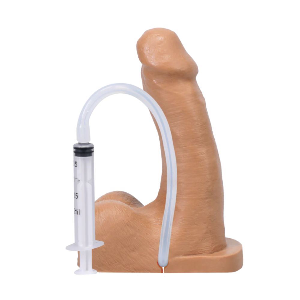 Realistic squirting dildo by Tantus, Pop N' Play in honey tone, refillable with syringe