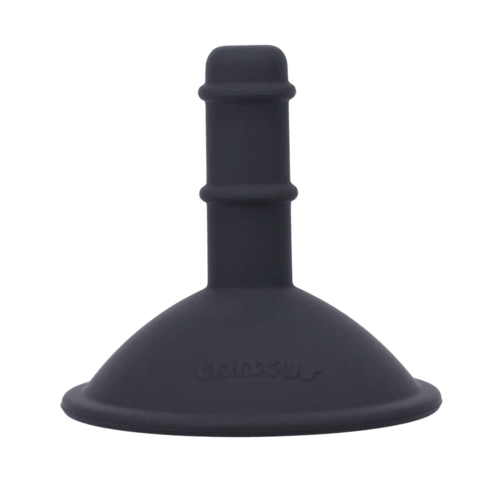 Silicone suction cup accessory by Tantus, black base, hands-free, harness compatible