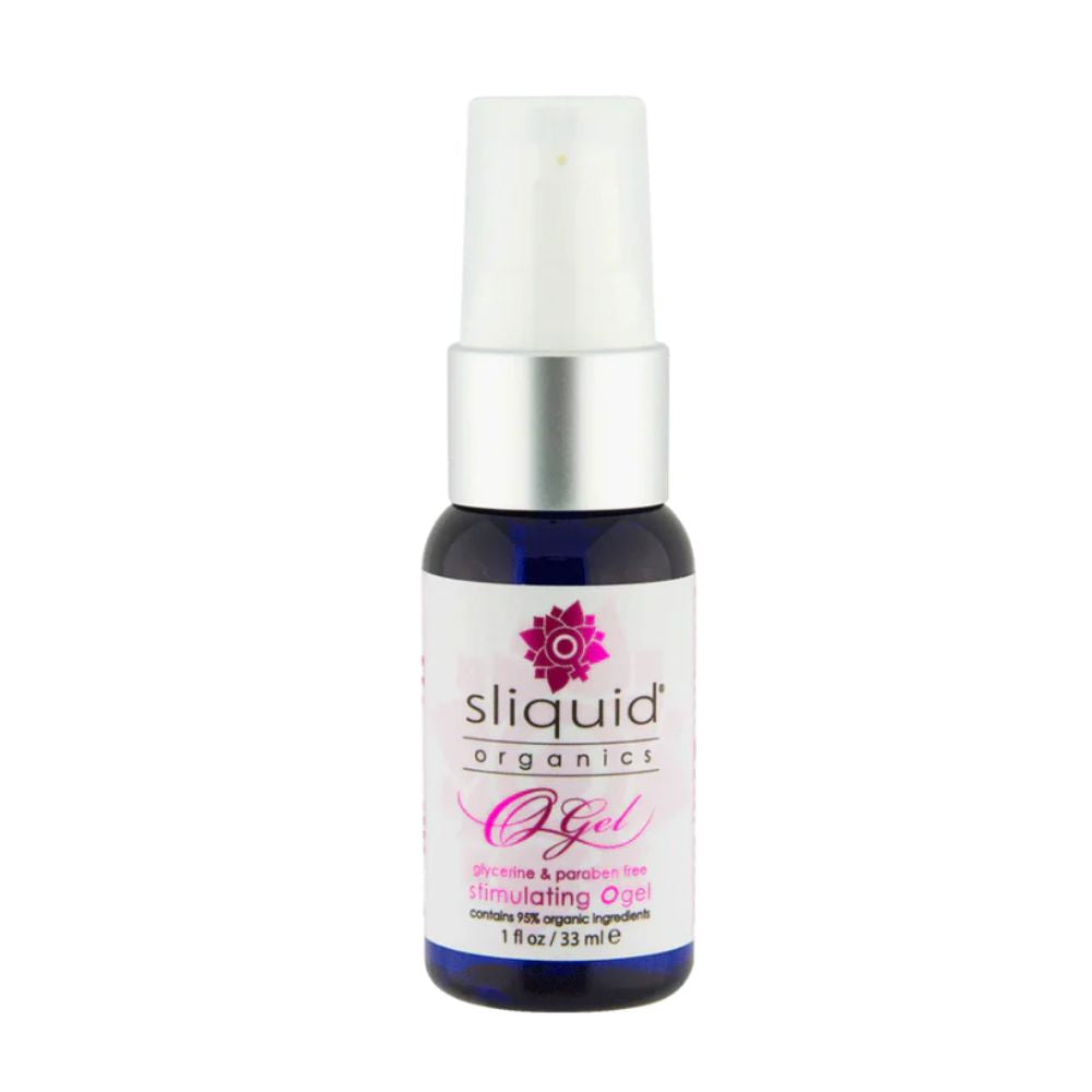 Sliquid Organics Stimulating O Gel in dark blue bottle with white pump, arousal-enhancing formula