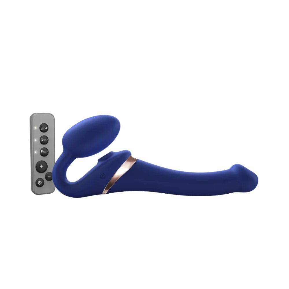 Strapless vibrating strap-on by Strap-On-Me in night blue, bendable design, remote-controlled, size small