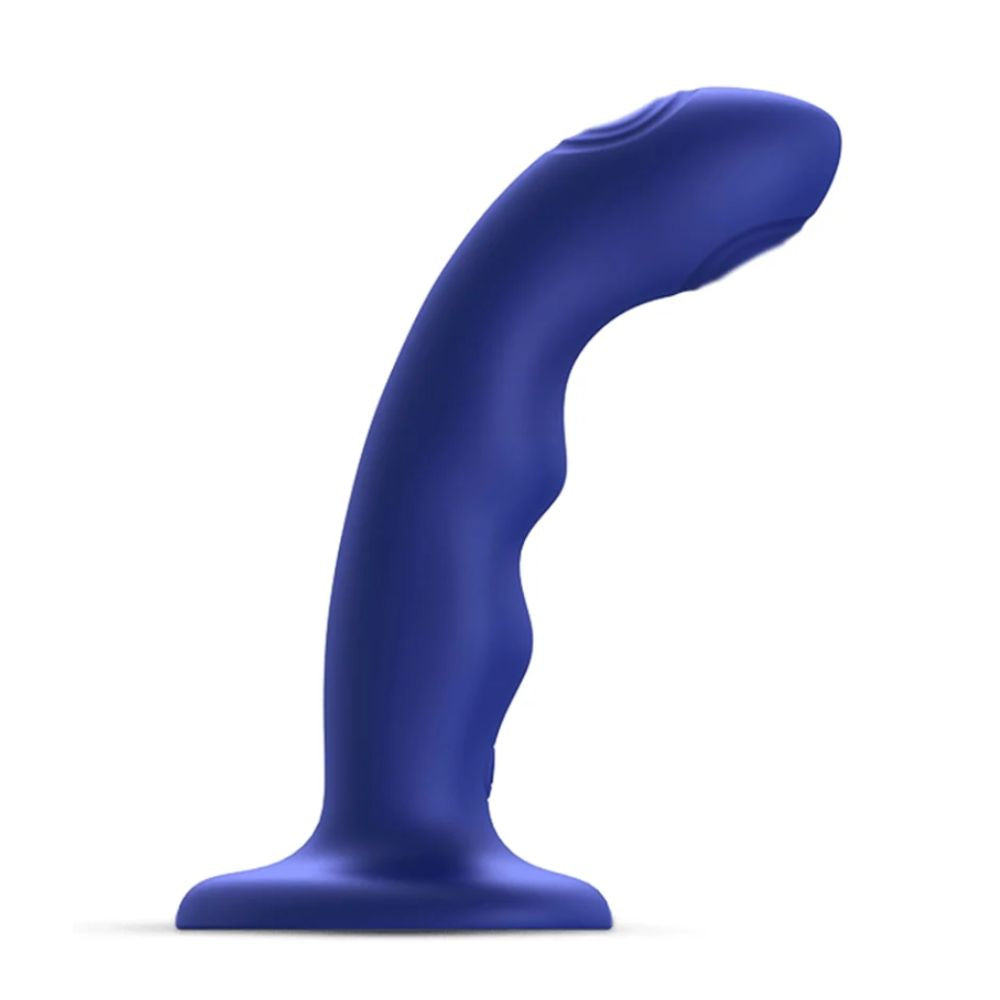 Tapping Dildo Wave in Night Blue by Strap-On-Me, curved silicone vibrating dildo with textured shaft and suction base
