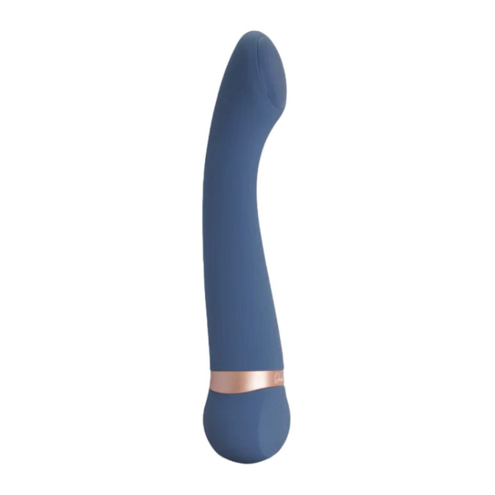 Blue silicone heated vibrator by Deia, curved G-spot design with warming and cooling function