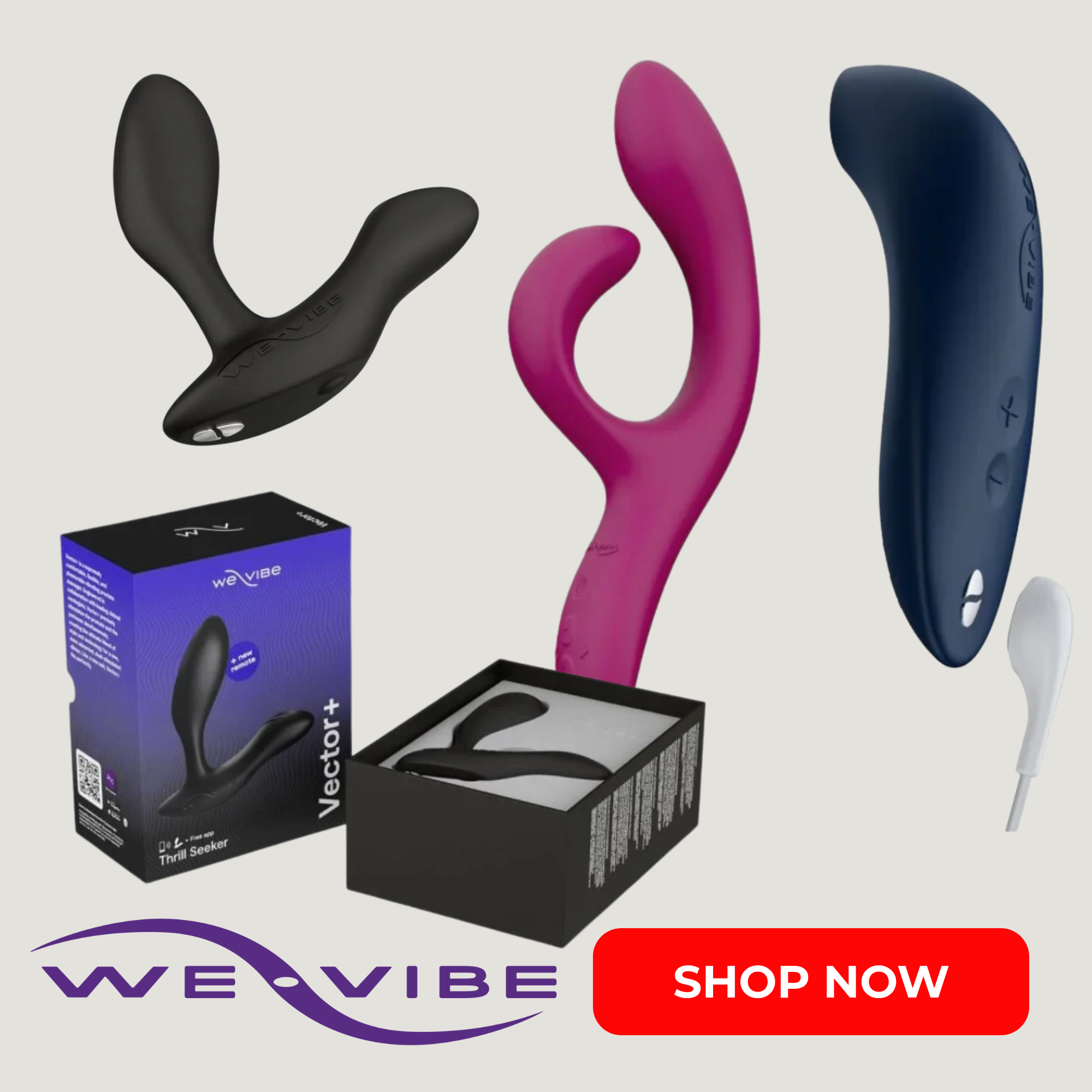 We-Vibe collection featuring couples vibrators, clitoral toys, and app-connected pleasure devices – sleek and body-safe