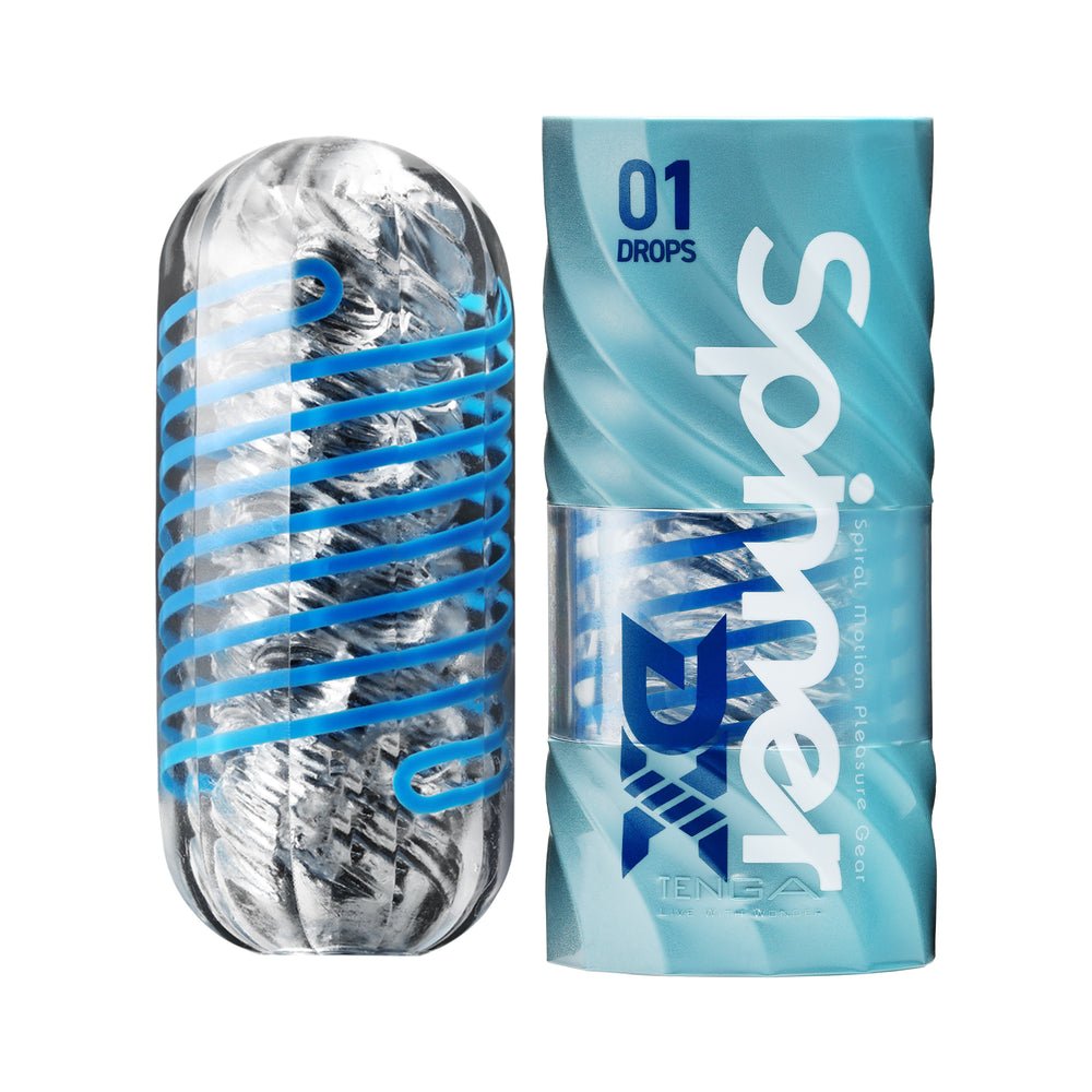 Tenga Spinner DX 01 Drops, spiral stroker, male toy, reusable, blue casing